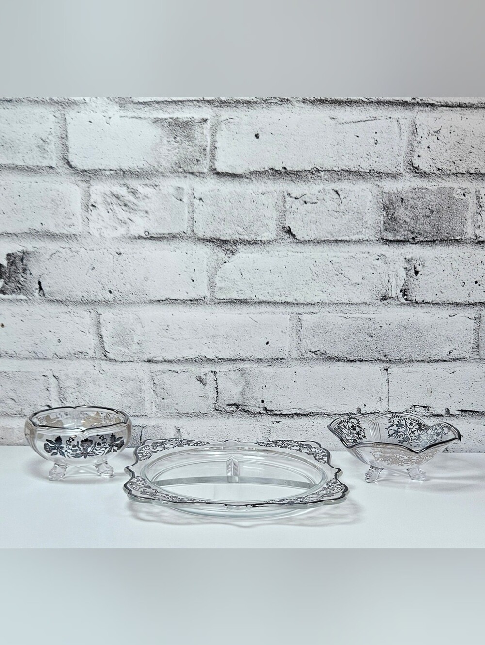 Vintage Silver Floral Overlay Glass 3 Piece Relish Serving Set